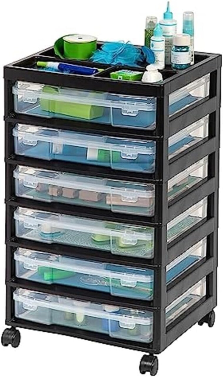 IRIS USA 6 Drawer 12" x 12" Scrapbook Rolling Storage Cart with Organizer Top and 6 Clear Cases, Black/White